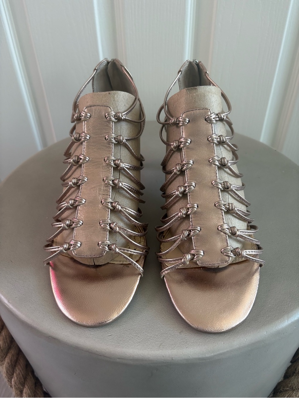 Enzo Angolini | Rose Gold Leather Gladiator Ankle Kitten Heels | sz 8.5